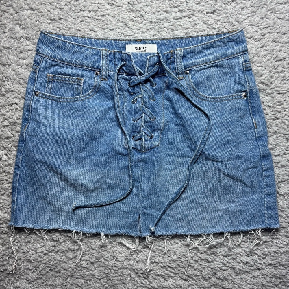 Forever 21 Skirt Womens Small Mini Lace Up Raw Hem Frayed Pockets Casual Denim